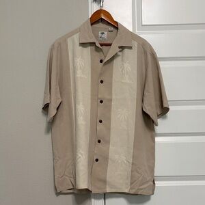 Beige Palm-Pattern Short-Sleeve Button-Down Camp Shirt